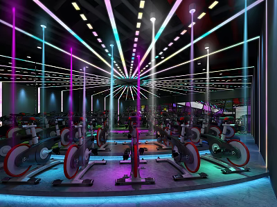 Modern Fitness Studio With Spin Bikes And Colorful Lighting For Workout Sessions 3d model