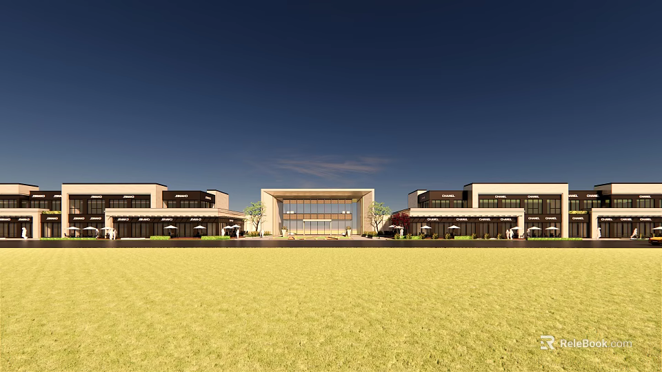 Modern Commercial Street Featuring Glass Facade Multiple Buildings And Open Lawn 3d model 