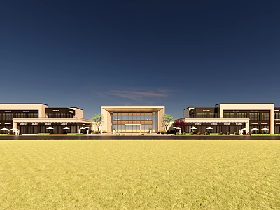 Modern Commercial Street Featuring Glass Facade Multiple Buildings And Open Lawn 3d model