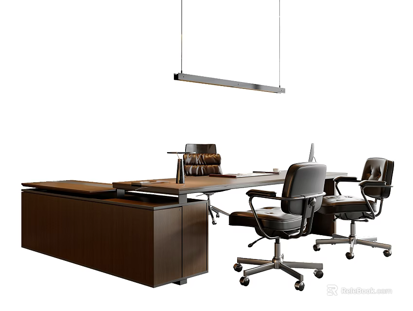Modern Brown Office Desk With Table Lamp Two Black Office Chairs And Hanging Lamp 3d model 