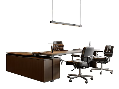 Modern Brown Office Desk With Table Lamp Two Black Office Chairs And Hanging Lamp 3d model