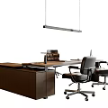 Modern Brown Office Desk With Table Lamp Two Black Office Chairs And Hanging Lamp