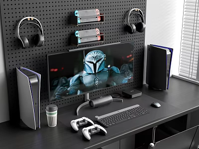 Modern Entertainment Electronics Setup Featuring Monitor PC Tower Headphones Game Controllers Keyboard And Mouse 3d model