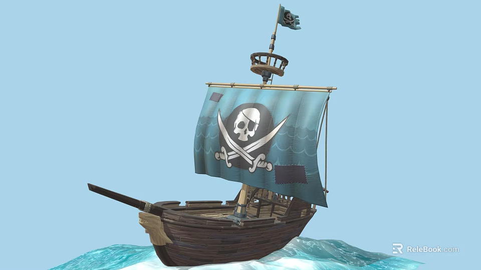 Pirate Ship With Blue Sail Skull and Crossbones Flag Wooden Hull on Waves 3d model 