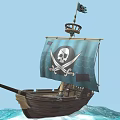 Pirate Ship With Blue Sail Skull and Crossbones Flag Wooden Hull on Waves