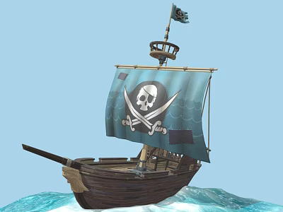 Pirate Ship With Blue Sail Skull and Crossbones Flag Wooden Hull on Waves 3d model