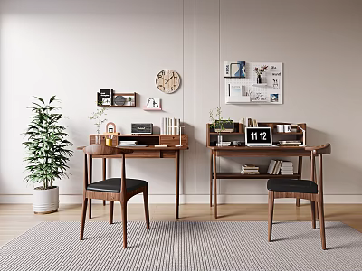 Wooden Desks Interior With Chair Wall Clock Photos Plant Books And Decorative Items 3d model