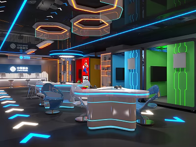 Modern Open Digital Store Showroom With LED Lighting Display Shelves And Tech Devices 3d model
