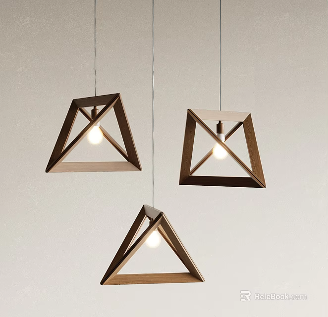 Three Modern Triangular Pendant Lights With Wooden Frame For Interior Decor 3d model