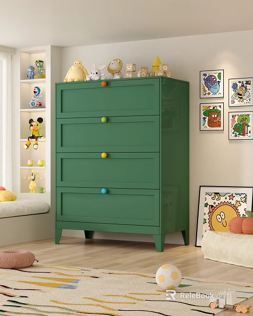 Green Kids Room Dresser with Four Drawers Colorful Knobs and Toys Wall Art 3d model 