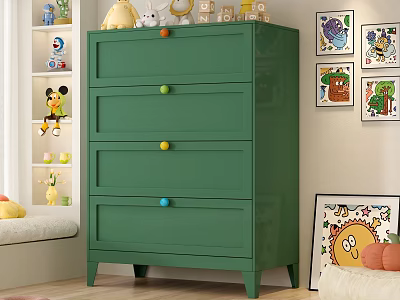 Green Kids Room Dresser with Four Drawers Colorful Knobs and Toys Wall Art 3d model