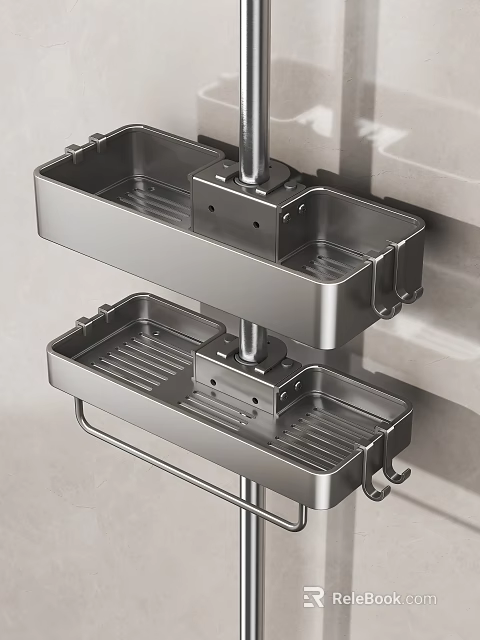 Wall Mounted Double Layer Metal Storage Shelf with Removable Trays and Hanging Hooks 3d model 