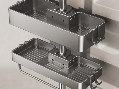 Wall Mounted Double Layer Metal Storage Shelf with Removable Trays and Hanging Hooks 3d model