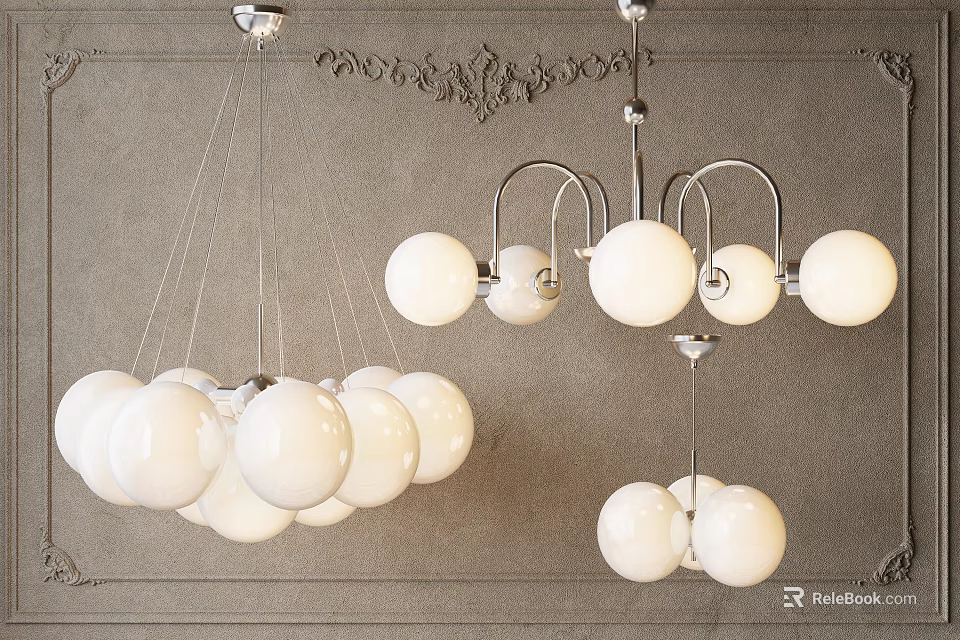 Modern Chandelier Design Featuring Multiple White Spherical Lights Against Textured Gray Wall 3d model