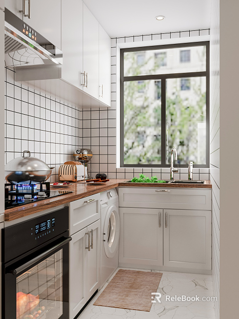 Bright Kitchen Interior With White Cabinets Wooden Countertops Gas Stove Fresh Vegetables And Window 3d model 