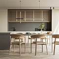 Modern Restaurant Open Kitchen Design With Island Counter Cabinets And Dining Chairs