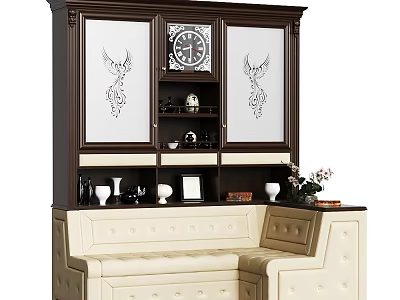 Modern Cream Tufted Irregular Sofa with Storage and Dark Tall Cabinet Glass Doors Clock Vase 3d model