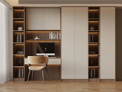 Modern Home Office Interior With Built in Bookshelves Computer Chair And Wooden Flooring 3d model