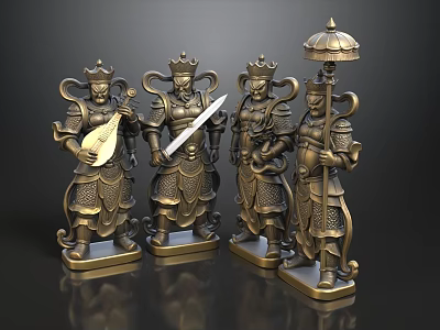 Four Golden Ancient Warrior Sculptures With Lute Sword And Umbrella Brass Carved Art 3d model