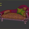 Purple Chaise Lounge with Pink Gold Floral Pattern Orange Cushions and Dark Wooden Carved Legs
