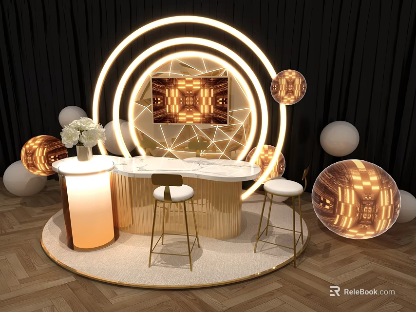Interactive Zone With Circular Illuminated Rings Display Screen Gold White Spheres Curved Bar Counter High Stools 3d model 