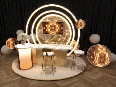 Interactive Zone With Circular Illuminated Rings Display Screen Gold White Spheres Curved Bar Counter High Stools 3d model