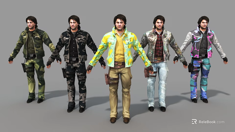 Multiple Male Game Movie Characters in Different Outfits Standing Side by Side 3d model 