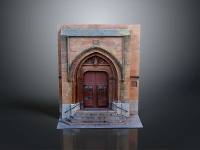 Traditional Building Facade Featuring Arched Doorway Red Wooden Doors Stone Steps And Ornate Carvings 3d model