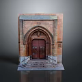 Traditional Building Facade Featuring Arched Doorway Red Wooden Doors Stone Steps And Ornate Carvings
