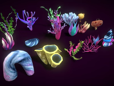 Vibrant Colorful Various Types Of Coral And Marine Plants With Different Shapes 3d model