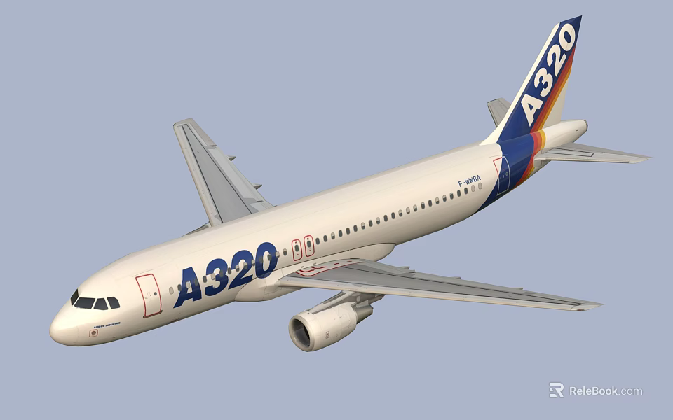 A320 Airliner With White Fuselage Blue Tail And Red Yellow Stripes Exterior View 3d model 