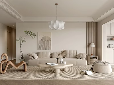Elegant Modern Living Room Interior With Beige Sofa Round Coffee Table And Pendant Light 3d model