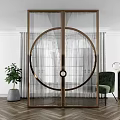 Modern Interior Design Glass Double Doors With Golden Frame Green Chairs And Plants