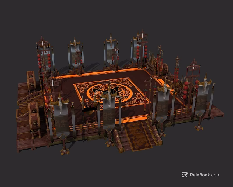 Traditional Chinese Ritual Platform With Decorative Pillars Carved Patterns And Red Lanterns 3d model 