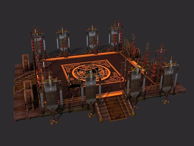 Traditional Chinese Ritual Platform With Decorative Pillars Carved Patterns And Red Lanterns 3d model