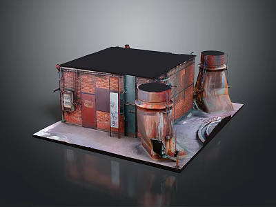 Cartoon Industrial Scene of Red Brick Building With Black Roof Metal Chimneys Pipes and Platform 3d model
