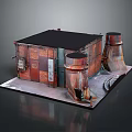 Cartoon Industrial Scene of Red Brick Building With Black Roof Metal Chimneys Pipes and Platform