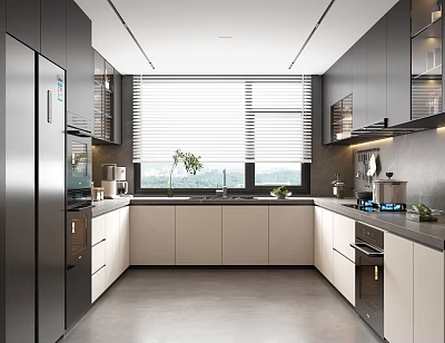 Modern Open Kitchen Interior Design With Island Counter And Stainless Steel Appliances 3d model