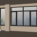 Casement Windows In Bright Room With City Skyline View And Potted Plant