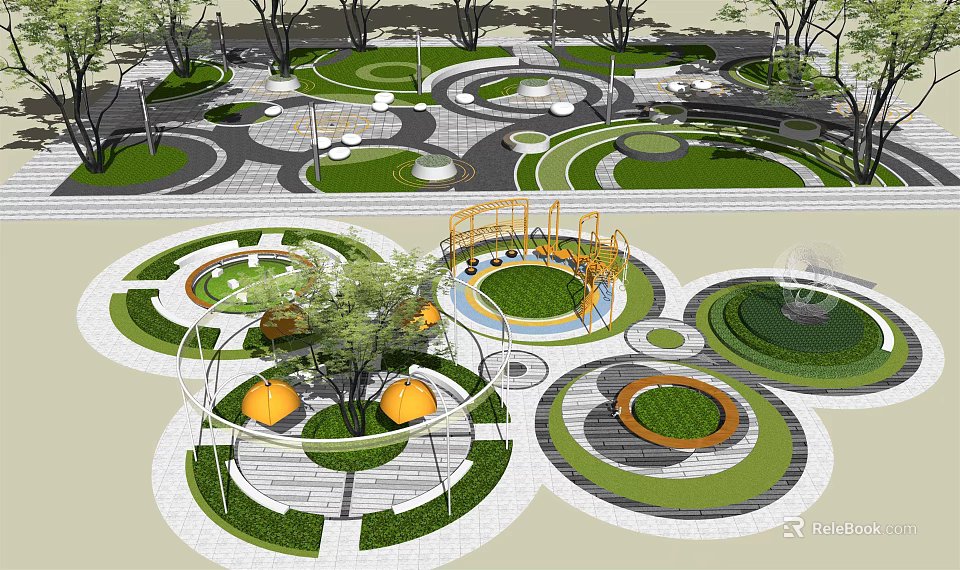 Scenic Park Landscape With Circular Lawns Pathways Trees And Children's Play Area 3d model 