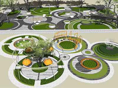 Scenic Park Landscape With Circular Lawns Pathways Trees And Children's Play Area 3d model