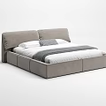 Modern Gray Double Bed with Soft Upholstered Headboard and Comfortable Striped Bedding 3d model