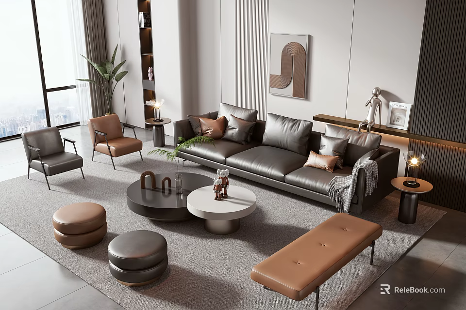 Modern Gray Leather Sofa and Coffee Table Set with Throw Pillows Chairs and Decorative Painting 3d model 