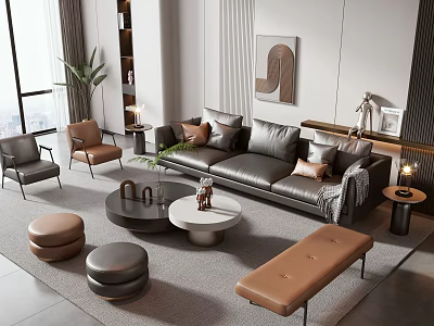 Modern Gray Leather Sofa and Coffee Table Set with Throw Pillows Chairs and Decorative Painting 3d model