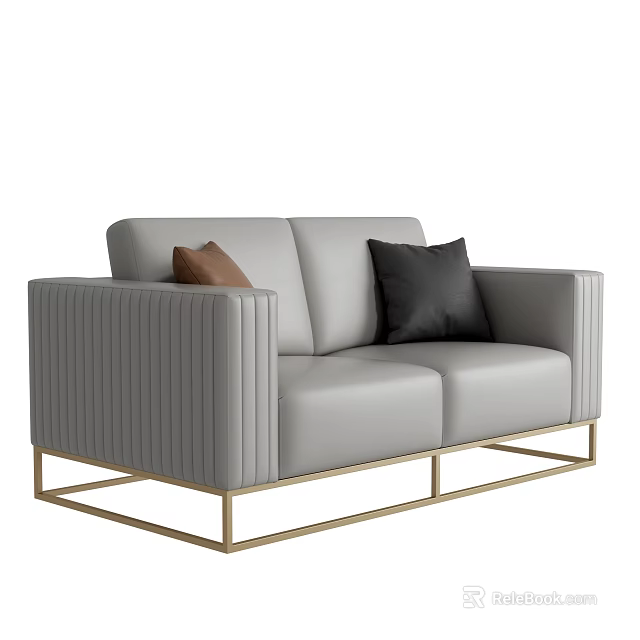 Light Grey Leather Two-Seater Sofa With Vertical Stripe Design Gold Metal Frame And Two Cushions 3d model 