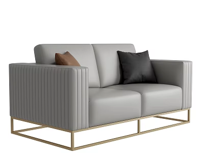 Light Grey Leather Two-Seater Sofa With Vertical Stripe Design Gold Metal Frame And Two Cushions 3d model