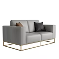 Light Grey Leather Two-Seater Sofa With Vertical Stripe Design Gold Metal Frame And Two Cushions