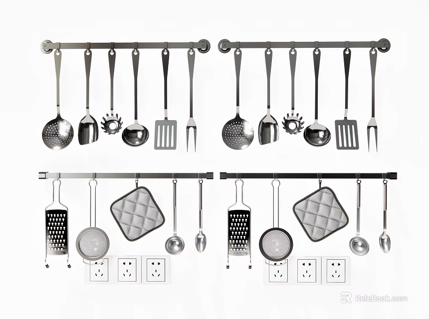 Kitchen Utensils Hanging on Rails Spoons Spatulas Graters and Pans for Organized Modern Kitchen 3d model 