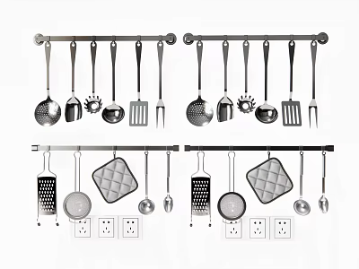 Kitchen Utensils Hanging on Rails Spoons Spatulas Graters and Pans for Organized Modern Kitchen 3d model