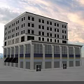 Modern Multi Story Commercial Complex With Ground Floor Shops Large Windows And Awnings